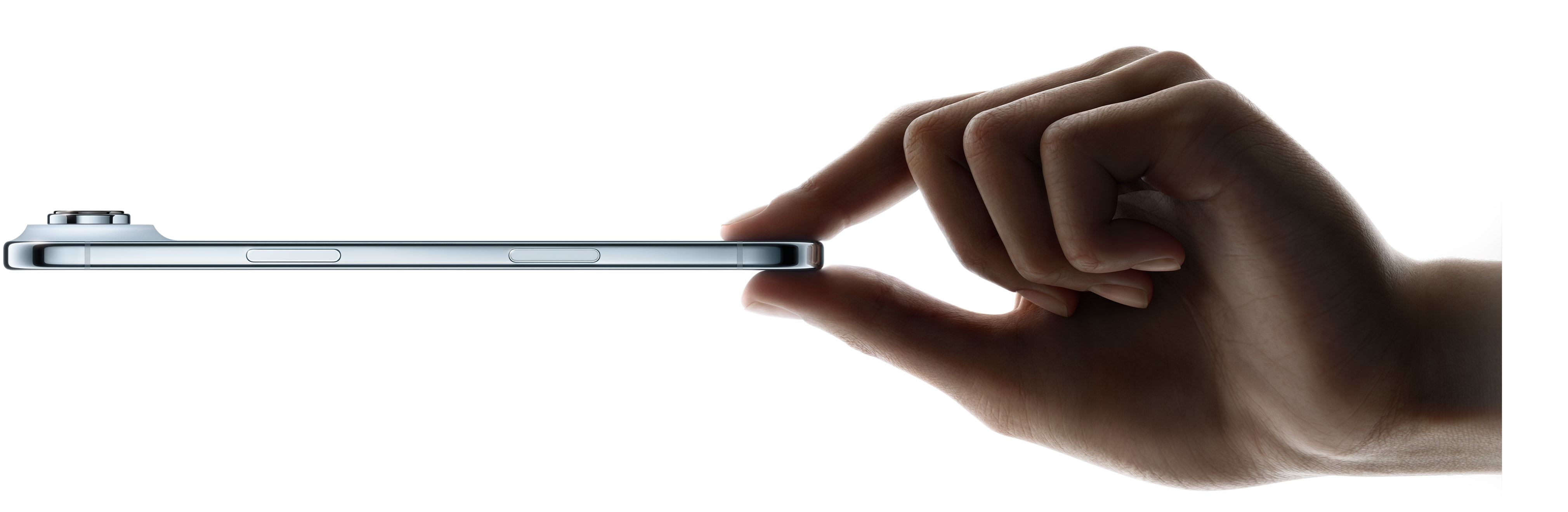 Official iPhone Air Sky Blue side profile, held in a hand