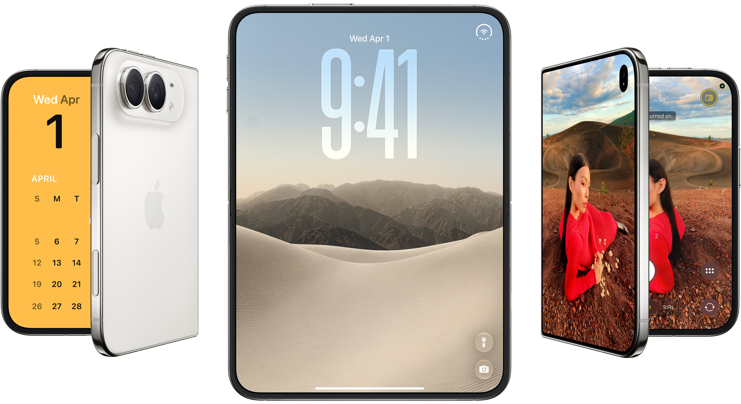 Three Star White iPhone Duo devices showing closed, open portrait and partially folded views
