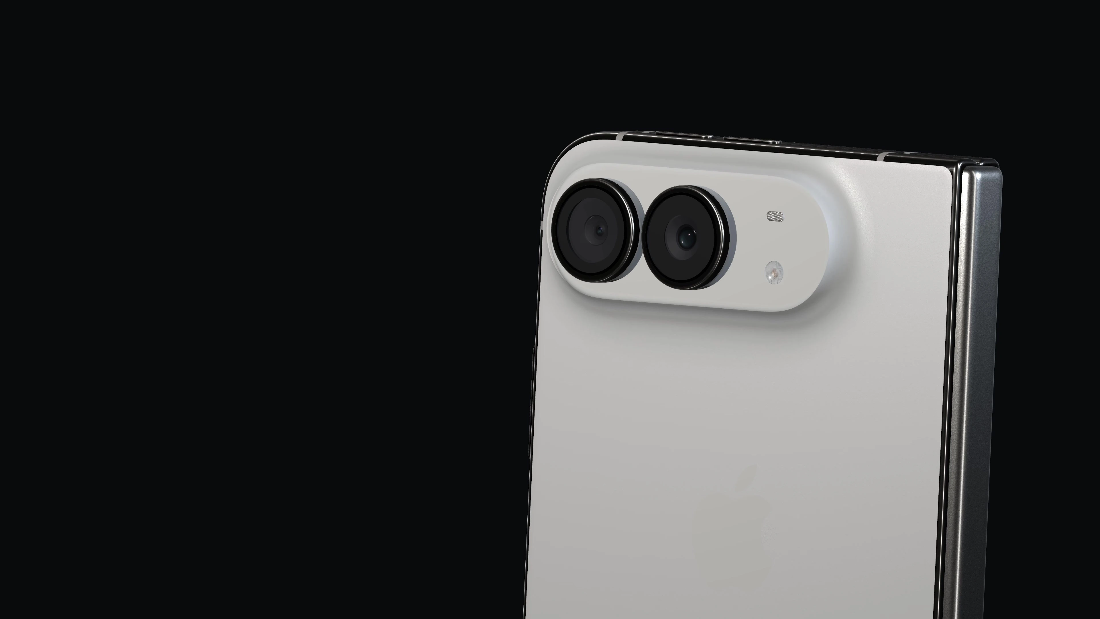 Star White iPhone Duo cameras and folding hardware in a dark studio