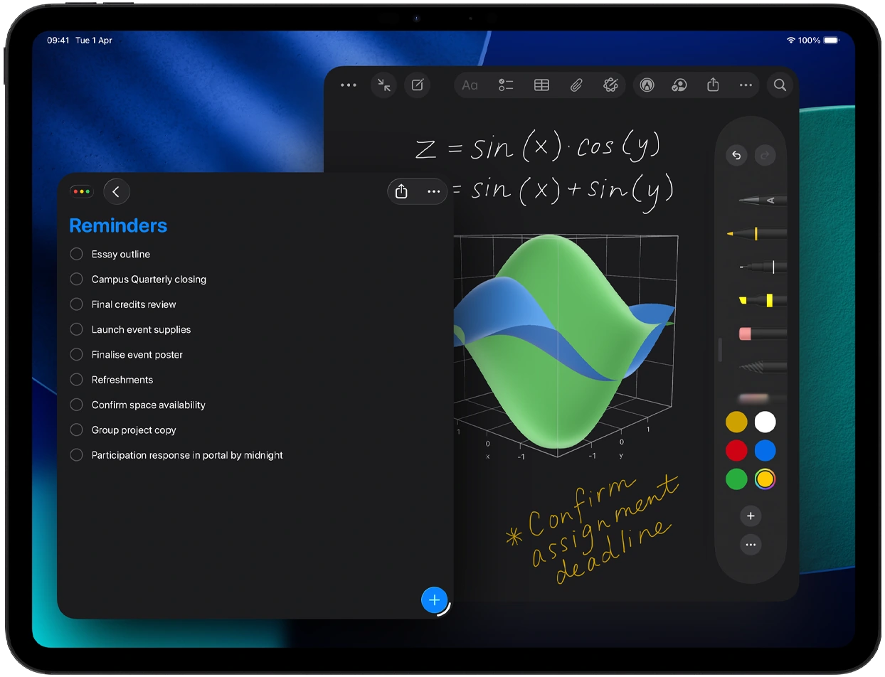 Apple iPad Pro with a blue display, Notes and Reminders