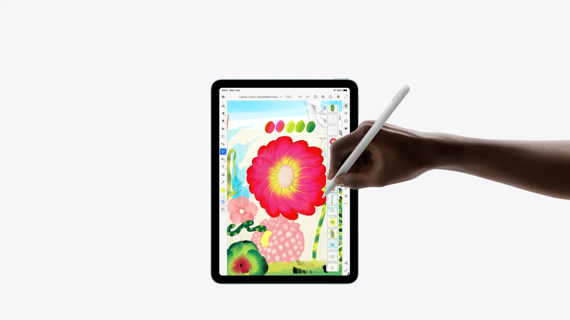 Portrait orientation, iPad Air, hand-drawn vibrant image, highlighting a message, hand holding Apple Pencil Pro
