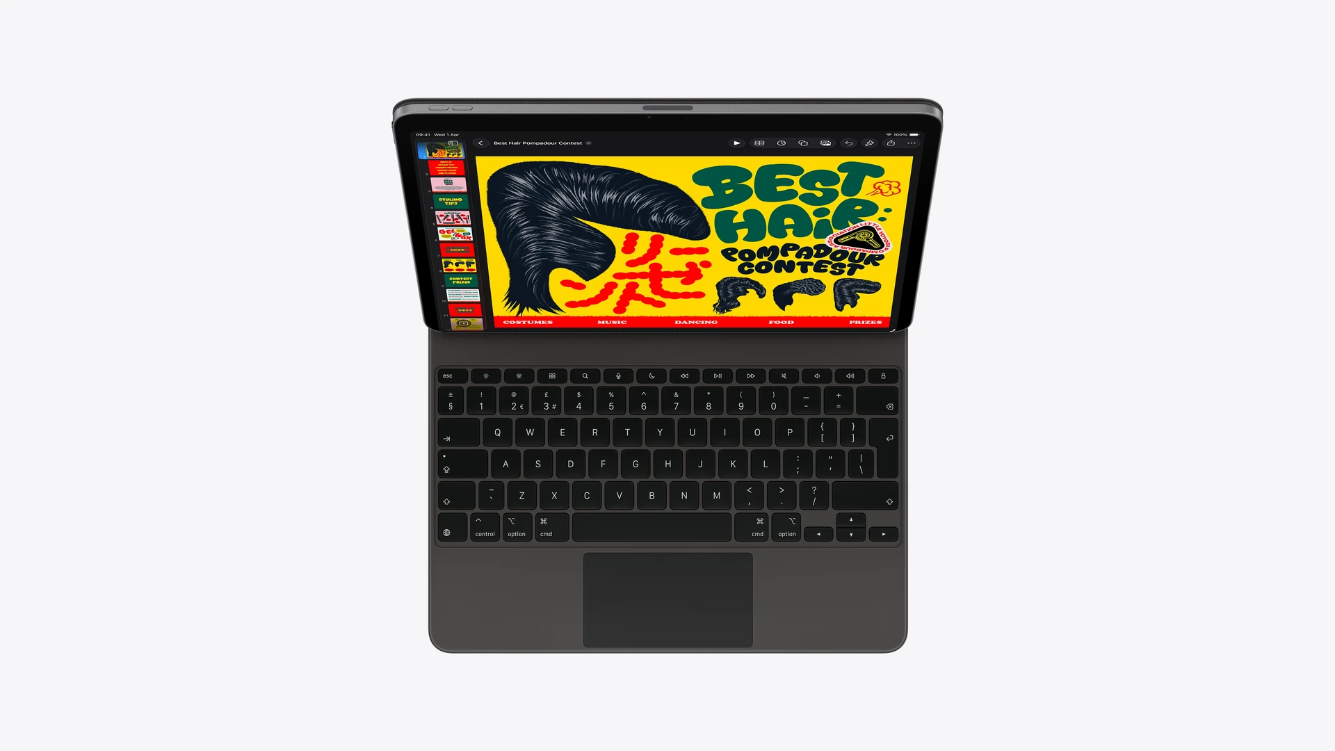iPad Air attached to Magic Keyboard, screen displays Keynote app open with colourful presentation