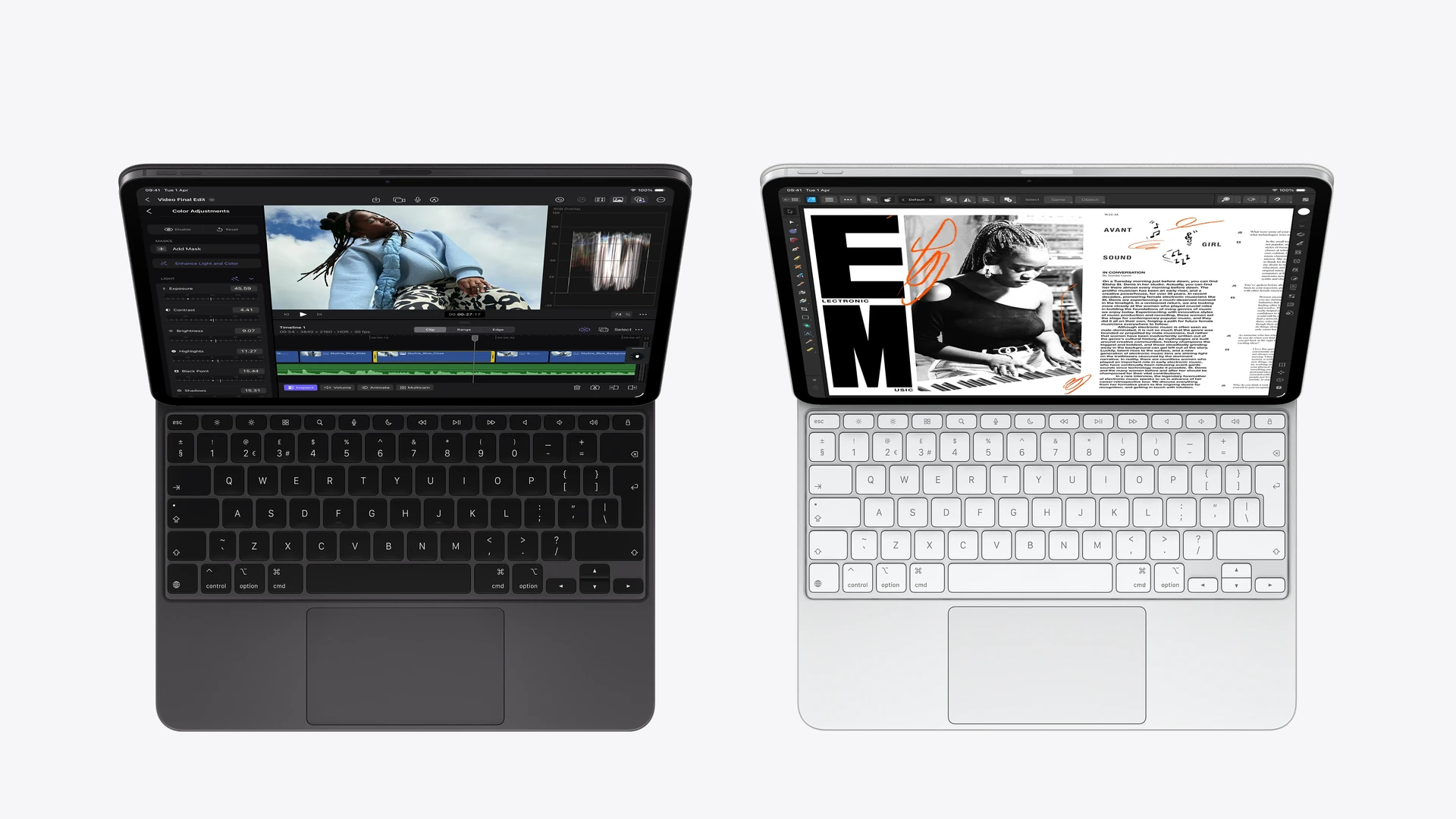 Two models, Magic Keyboard, Black, trackpad below space bar, Black keys with White text, Magic Keyboard, White, White keys with Grey text, inverted T arrow keys, function key row, built-in trackpad