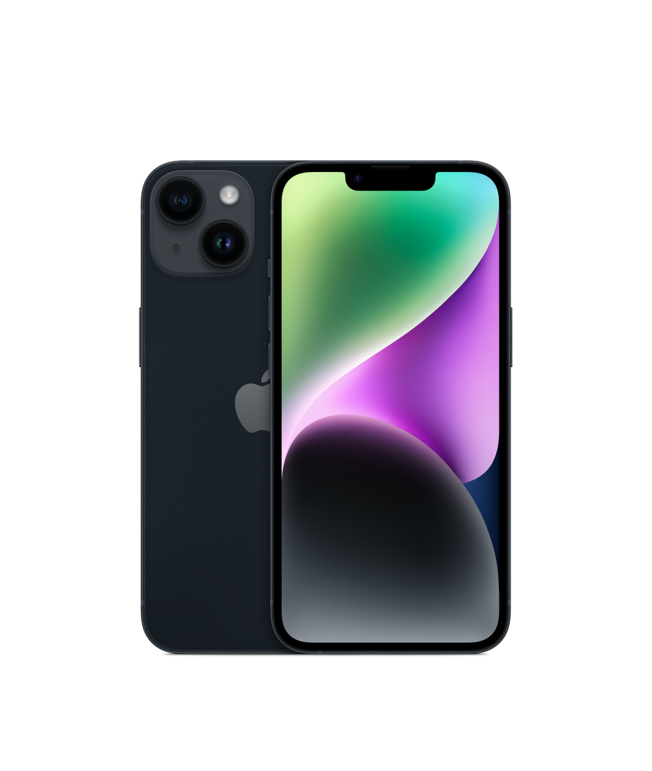 iPhone 14 in Midnight — front and back