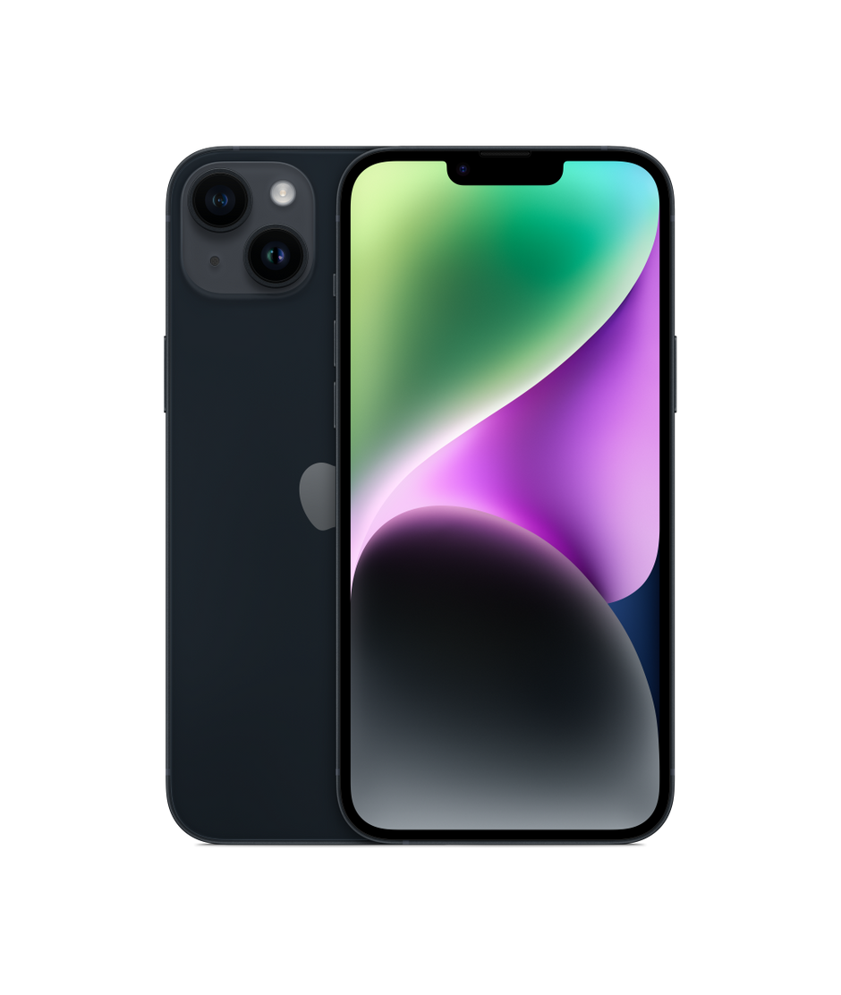 iPhone 14 Plus in Midnight — front and back