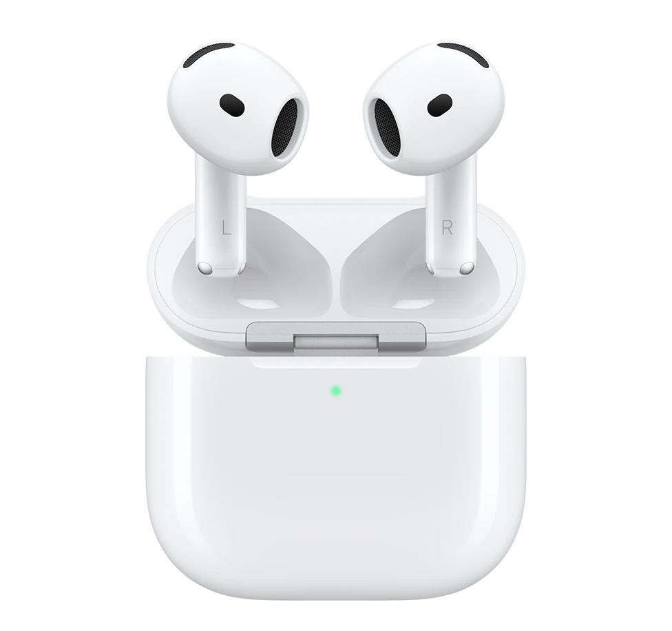 AirPods 5 in white, earbuds and wireless charging case