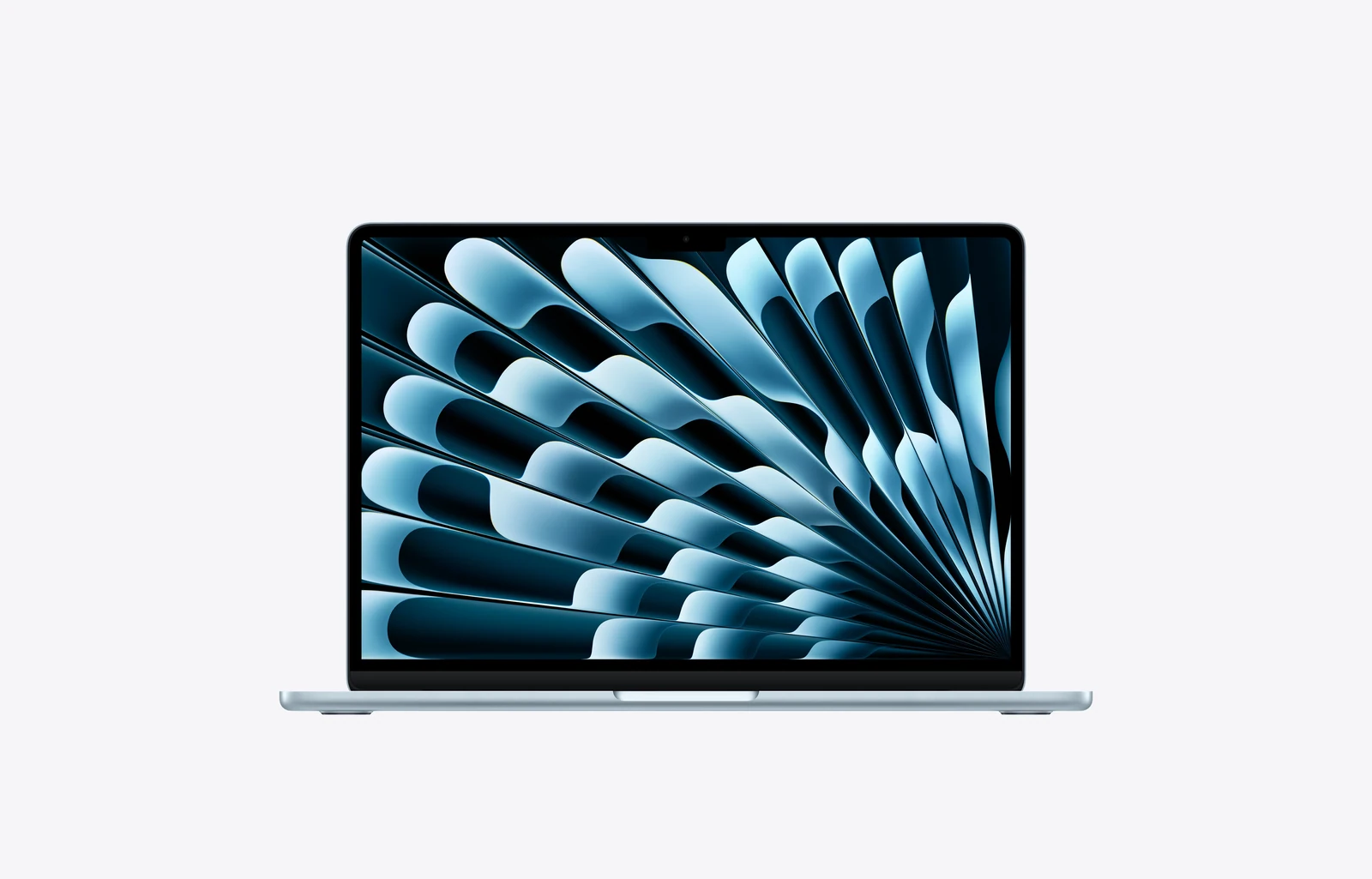 13-inch MacBook Air, open, sky blue colour, display, rounded corners, raised feet