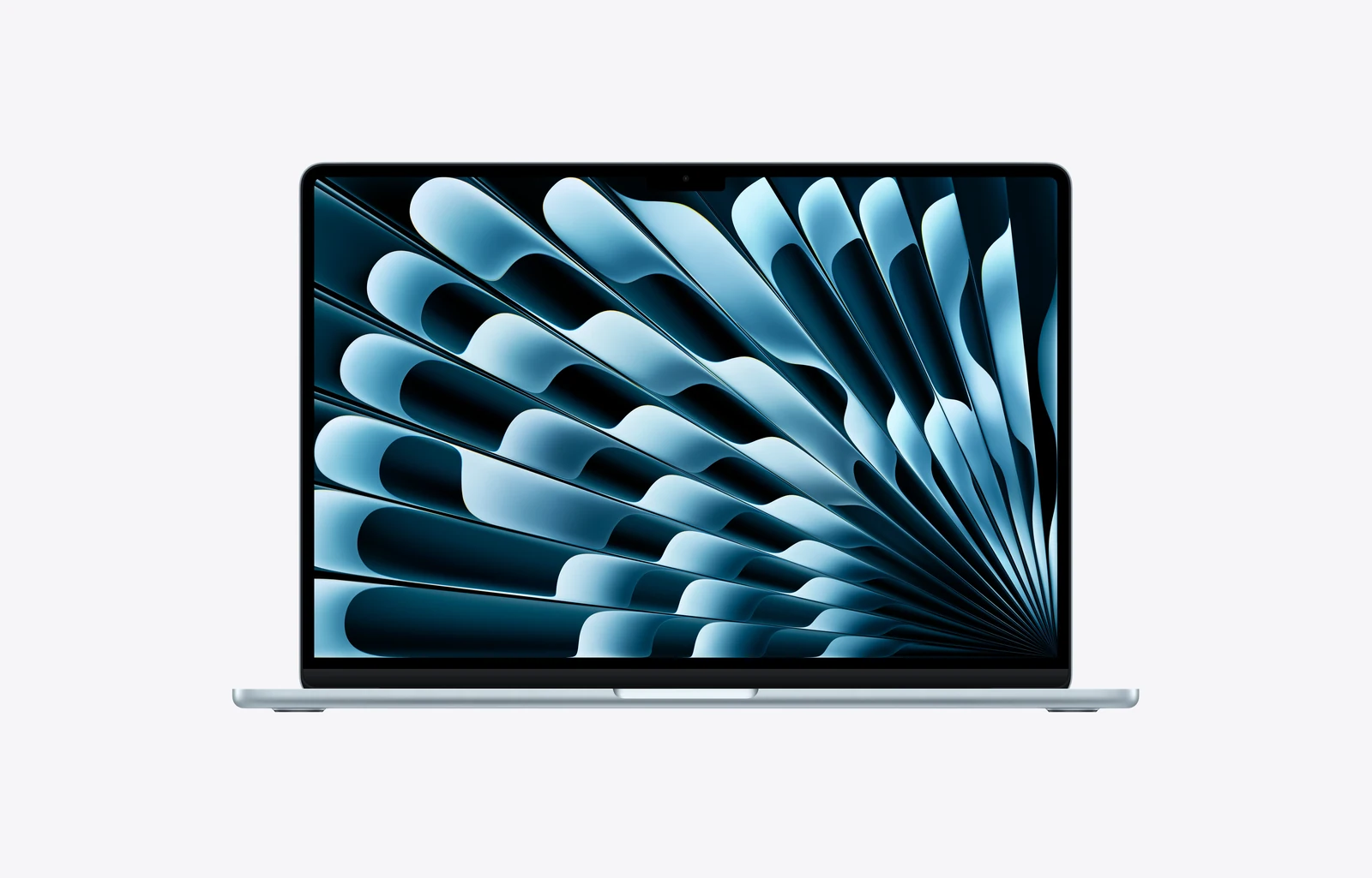 15-inch MacBook Air, open, sky blue colour, display, rounded corners, raised feet