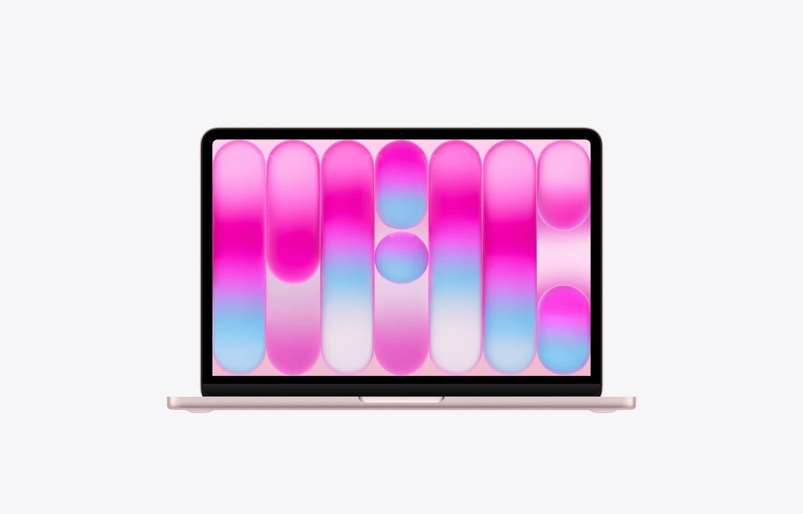 13-inch MacBook Neo, blush (light pink colour), open lid, Liquid Retina display, rounded corners, raised feet