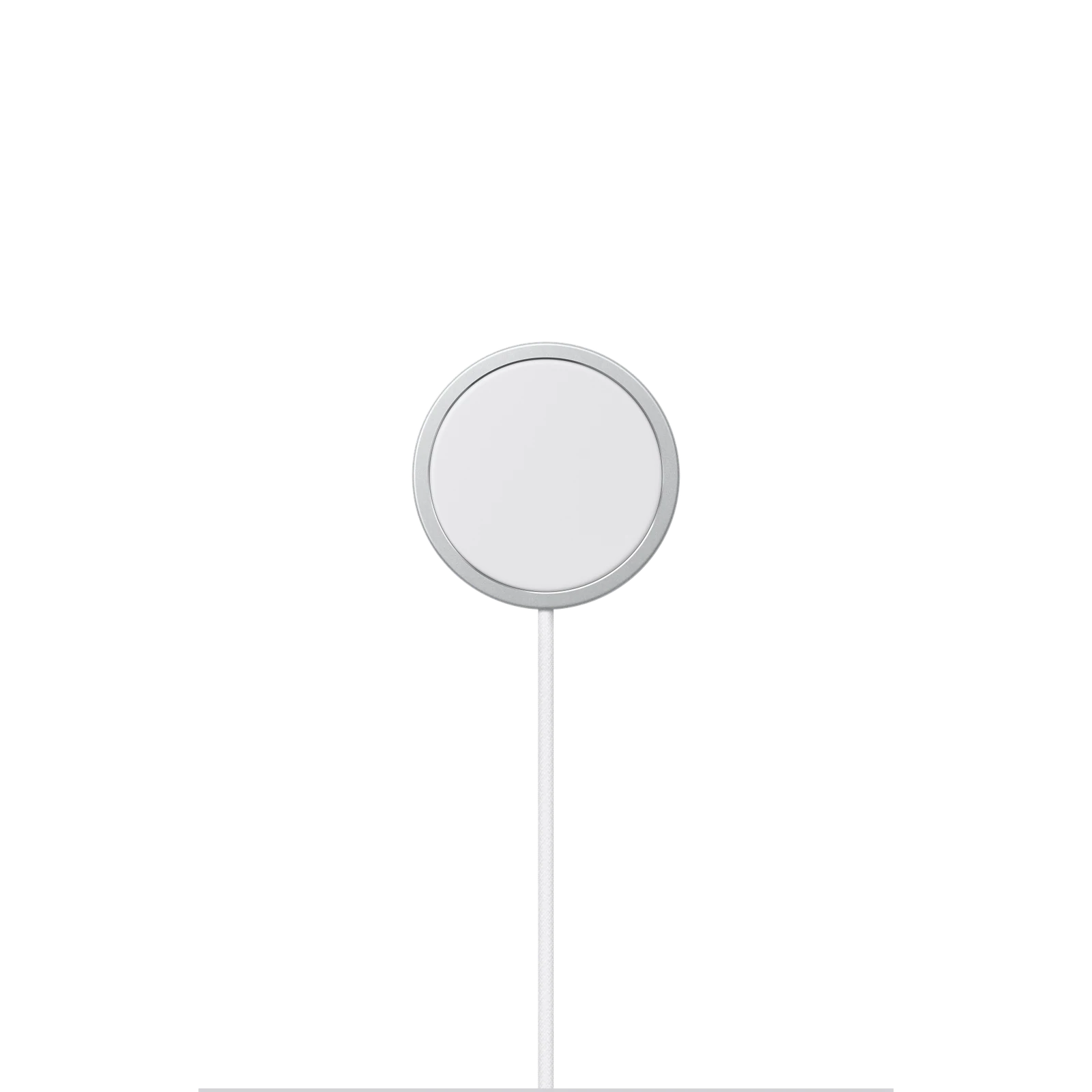 MagSafe Charger, interior charging surface, a white circle surrounded by outer grey ring, embedded white woven cable.