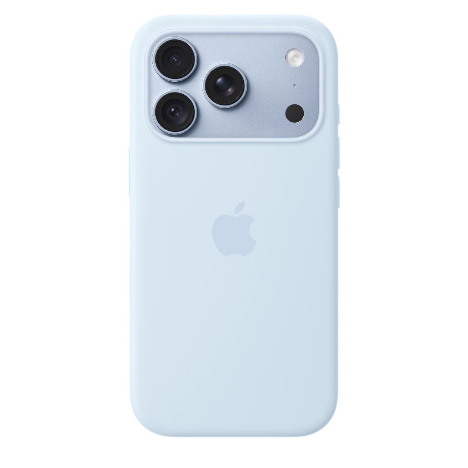 iPhone 18 Pro Silicone Case with MagSafe in crisp blue colour (light blue), back exterior, embedded Apple logo in centre, attached to iPhone 18 Pro in glacier colour (light blue), visible through camera cutout