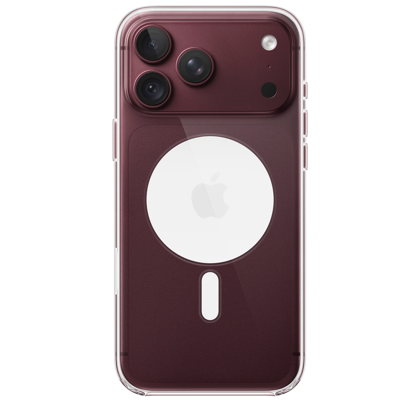 iPhone 18 Pro Max Clear Case with MagSafe, back exterior, attached to iPhone 18 Pro Max in burgundy colour (dark red), solid white MagSafe circle with grey Apple logo in centre, camera cutout