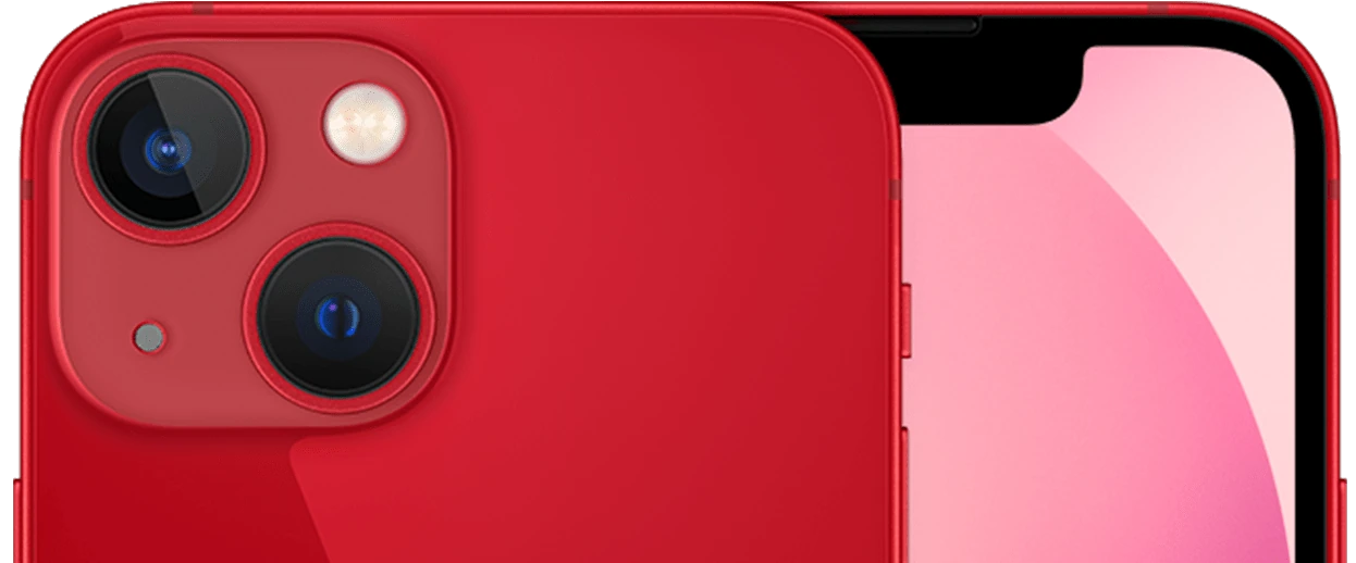 iPhone 13 mini in (PRODUCT)RED — front and rear detail
