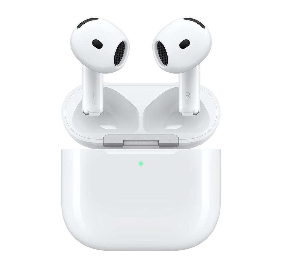 AirPods 5 in white, earbuds and wireless charging case