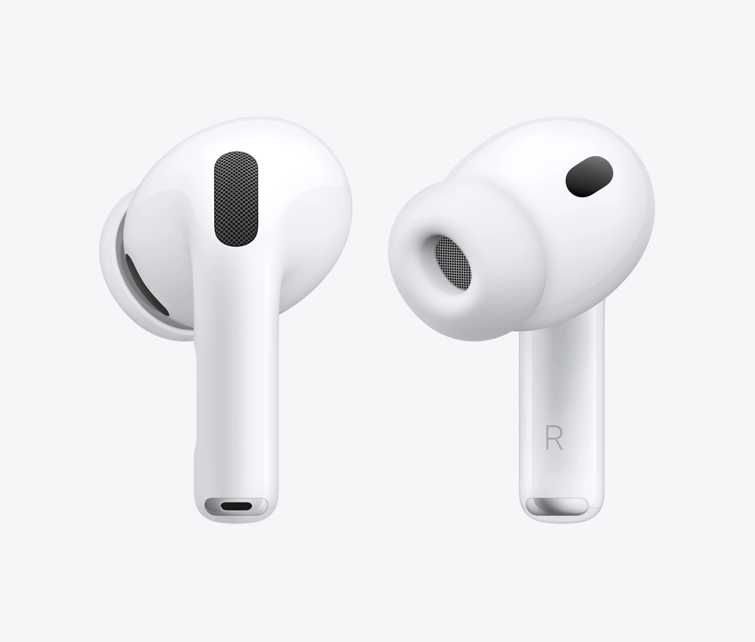 AirPods Pro 3, left and right wireless headphones, white color, round construction, round tubular stems, noise canceling microphone, silicone tips, short stems with interior letters L or R