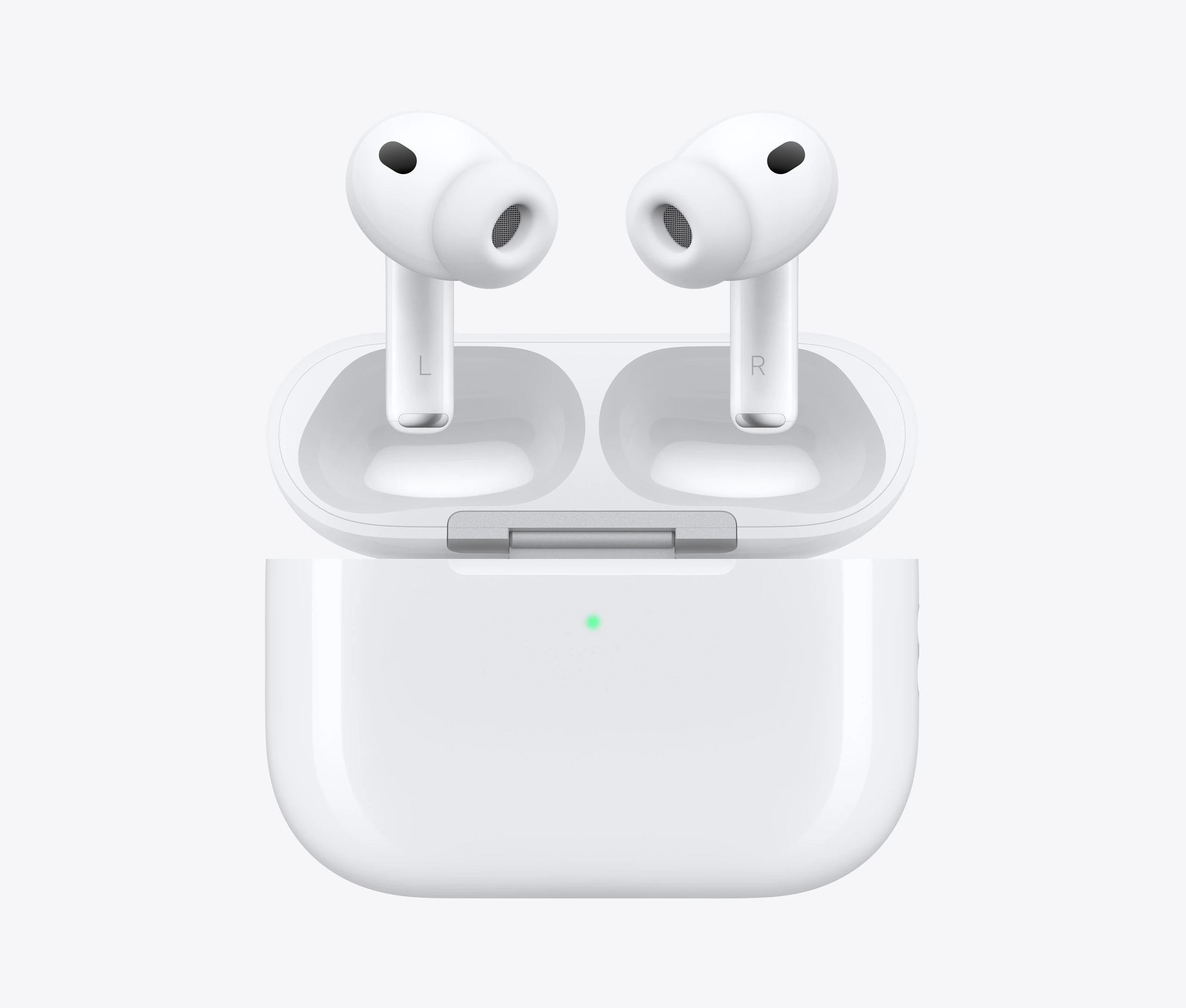AirPods Pro 3 and MagSafe Charging Case (USB-C), rounded case exterior, external LED power indicator, case lid open, white colour, wireless headphones with silicone tips, stem interior features letter L and letter R