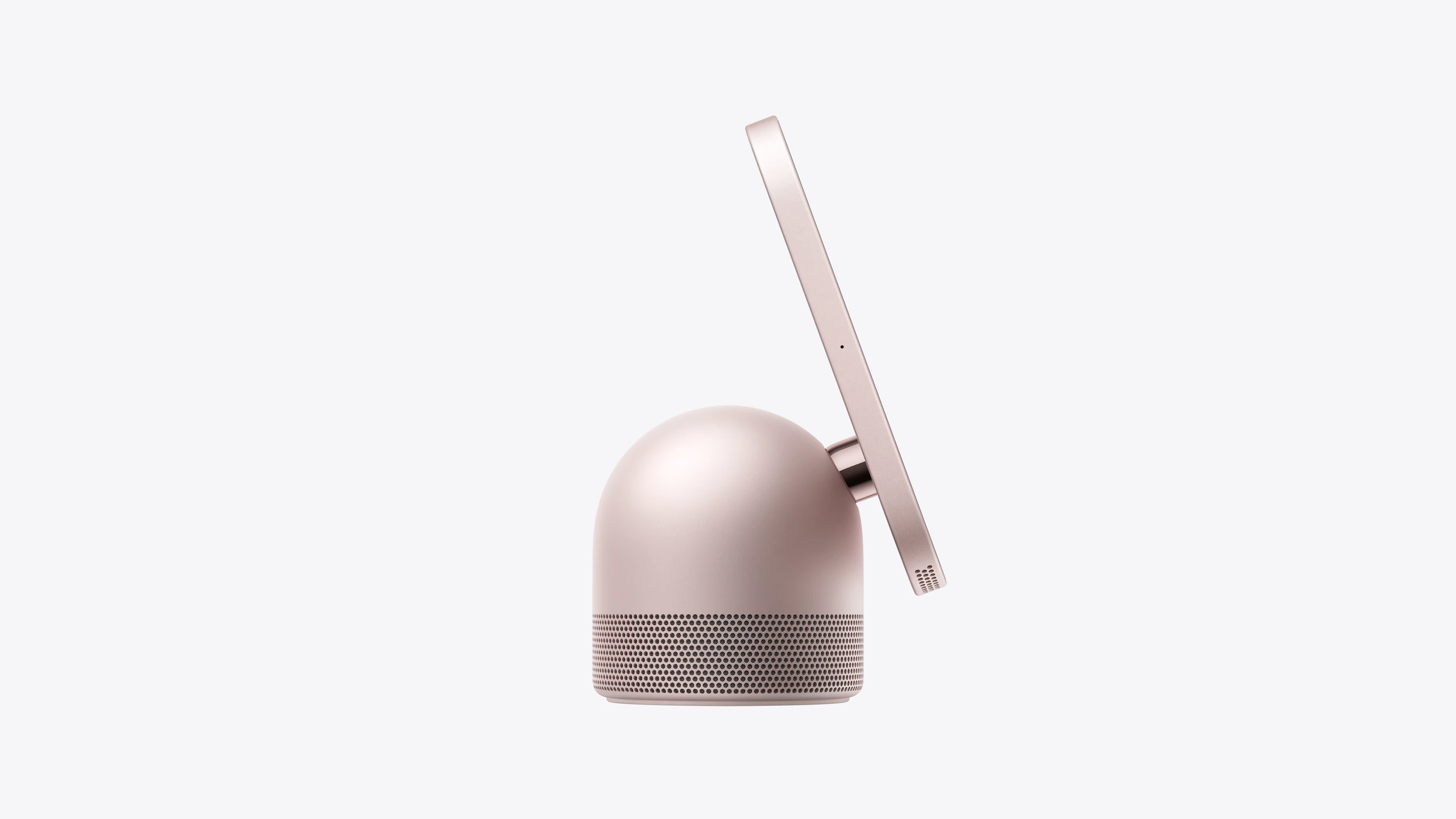Apple HomeView, rose pink colour, display side exterior, microphone at centre, circular colour-matched chrome hinge connecting back of display to colour-matching domed cylindrical base
