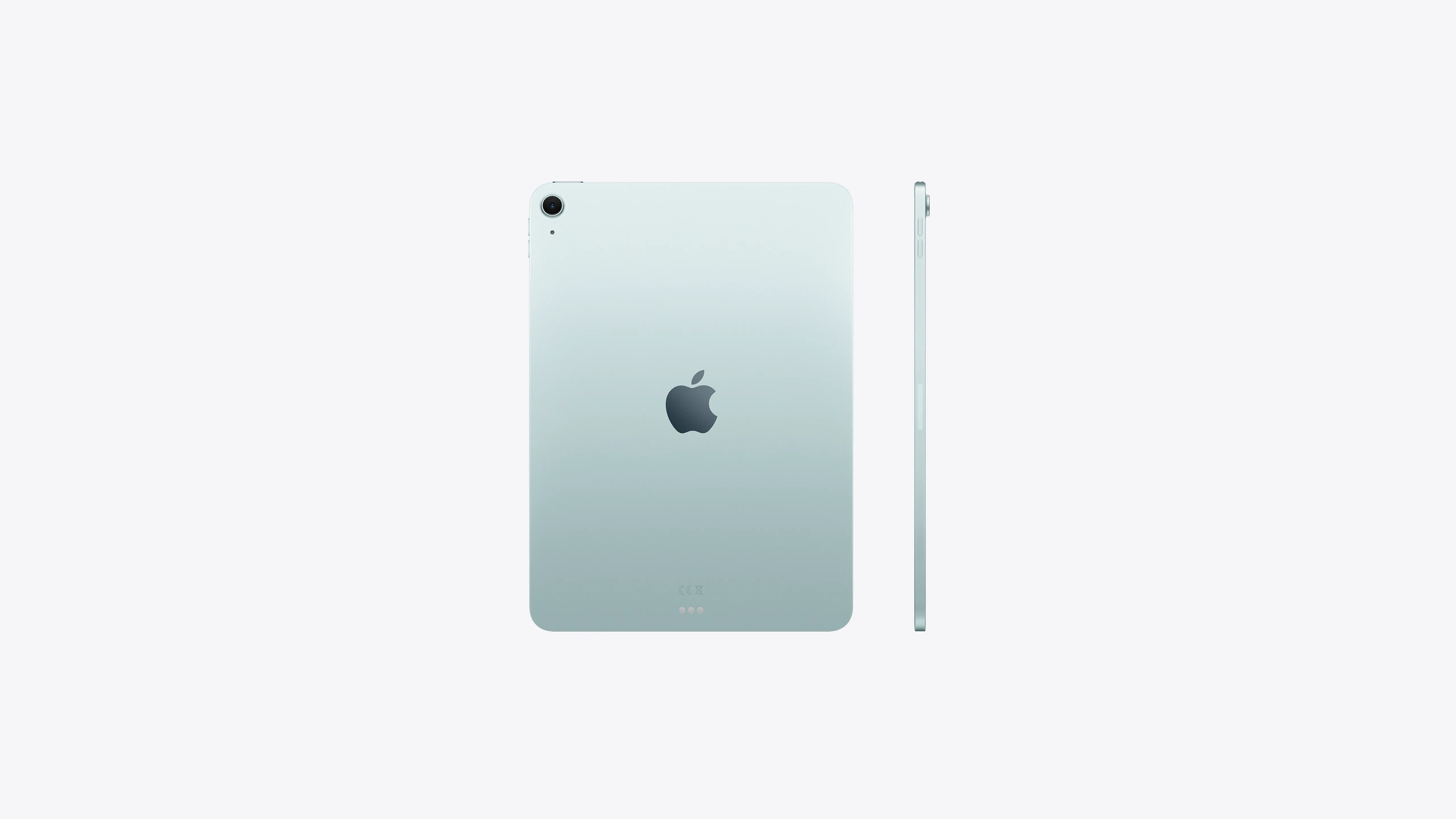 iPad Air, Wi-Fi, back exterior, Blue, single-lens camera, Apple logo in the centre, iPad Air, side exterior, thin design, colour matches back exterior