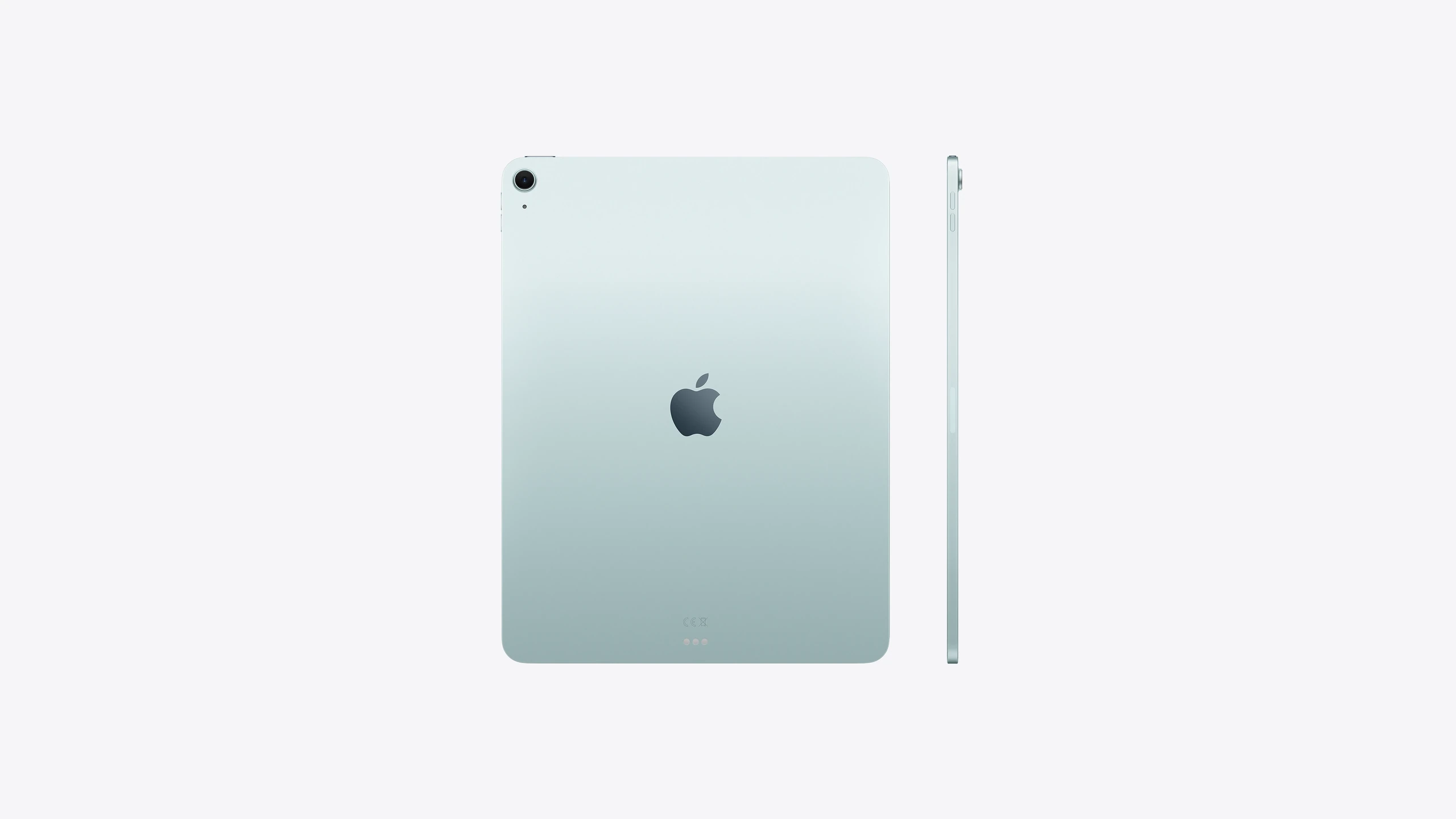 iPad Air, Wi-Fi, back exterior, Blue, single-lens camera, Apple logo in the centre, iPad Air, side exterior, thin design, colour matches back exterior