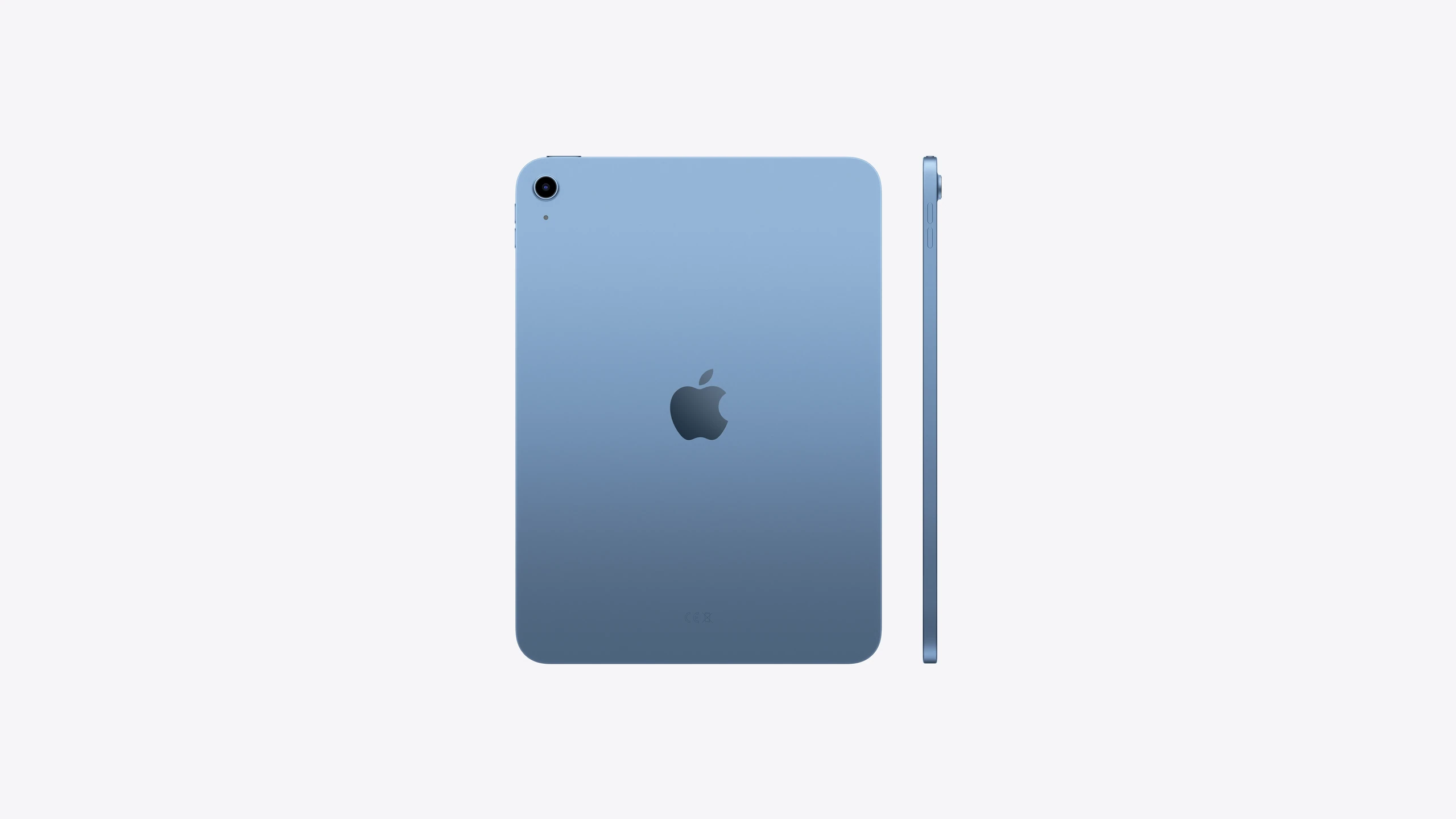 iPad, back exterior, blue, single-lens camera, Apple logo in the centre, side exterior, colour matches back exterior