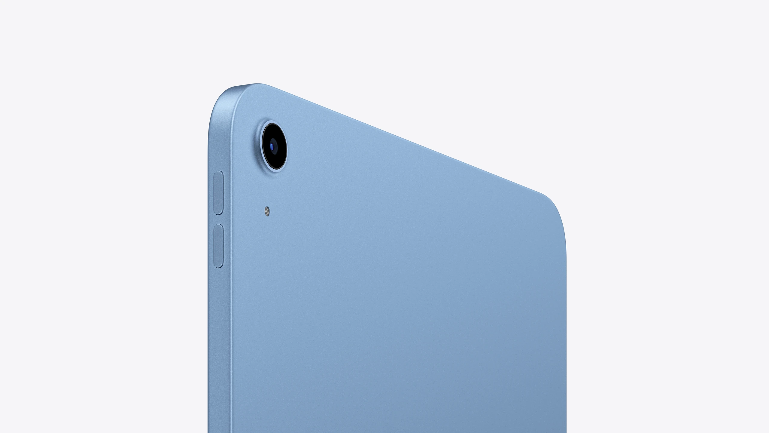 iPad, back exterior, blue, single-lens camera, microphone, rounded camera casing matches exterior, rounded corners