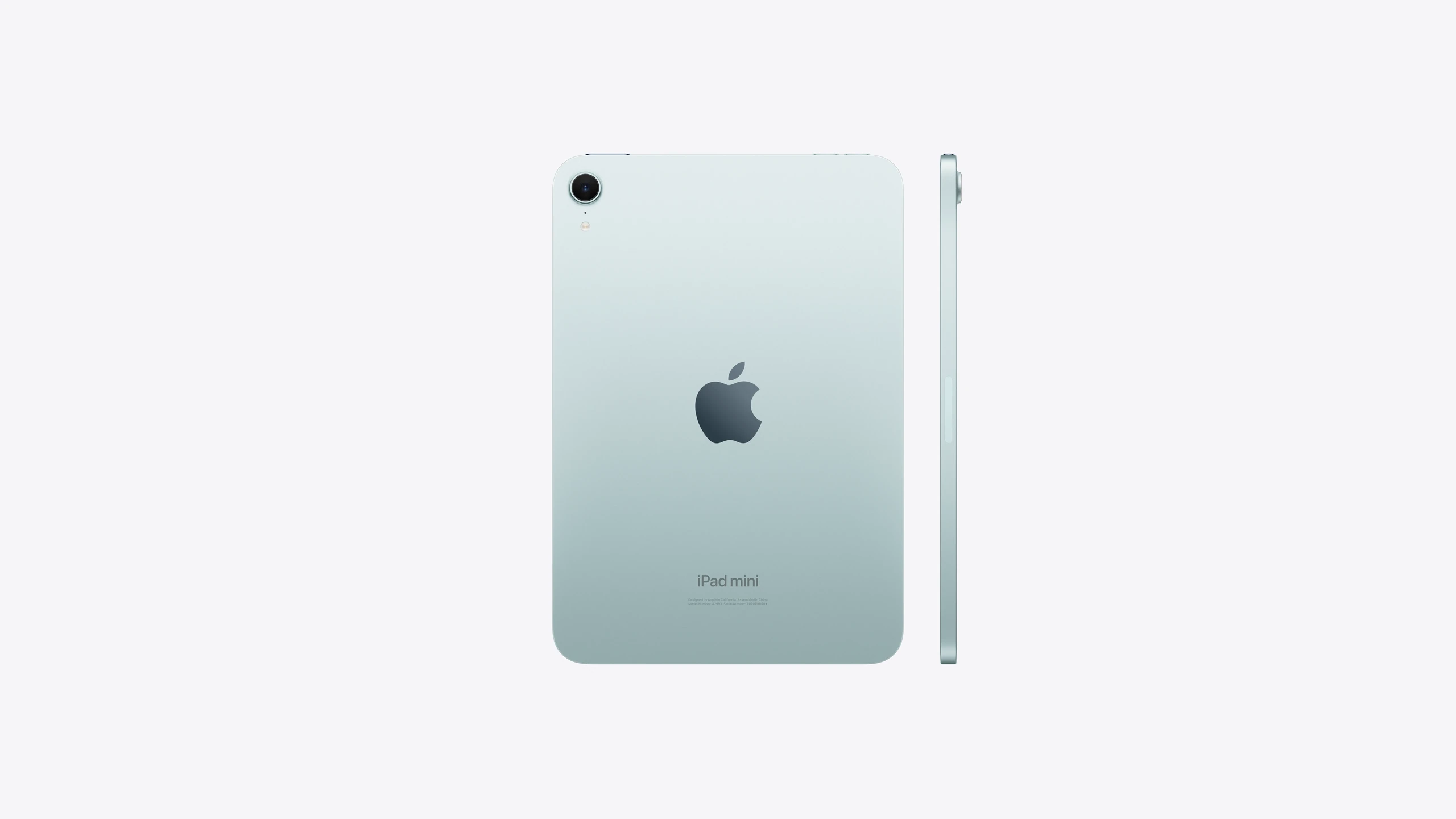 iPad mini, back exterior, Blue, single-lens camera, Apple logo in the centre, side exterior, colour matches back exterior