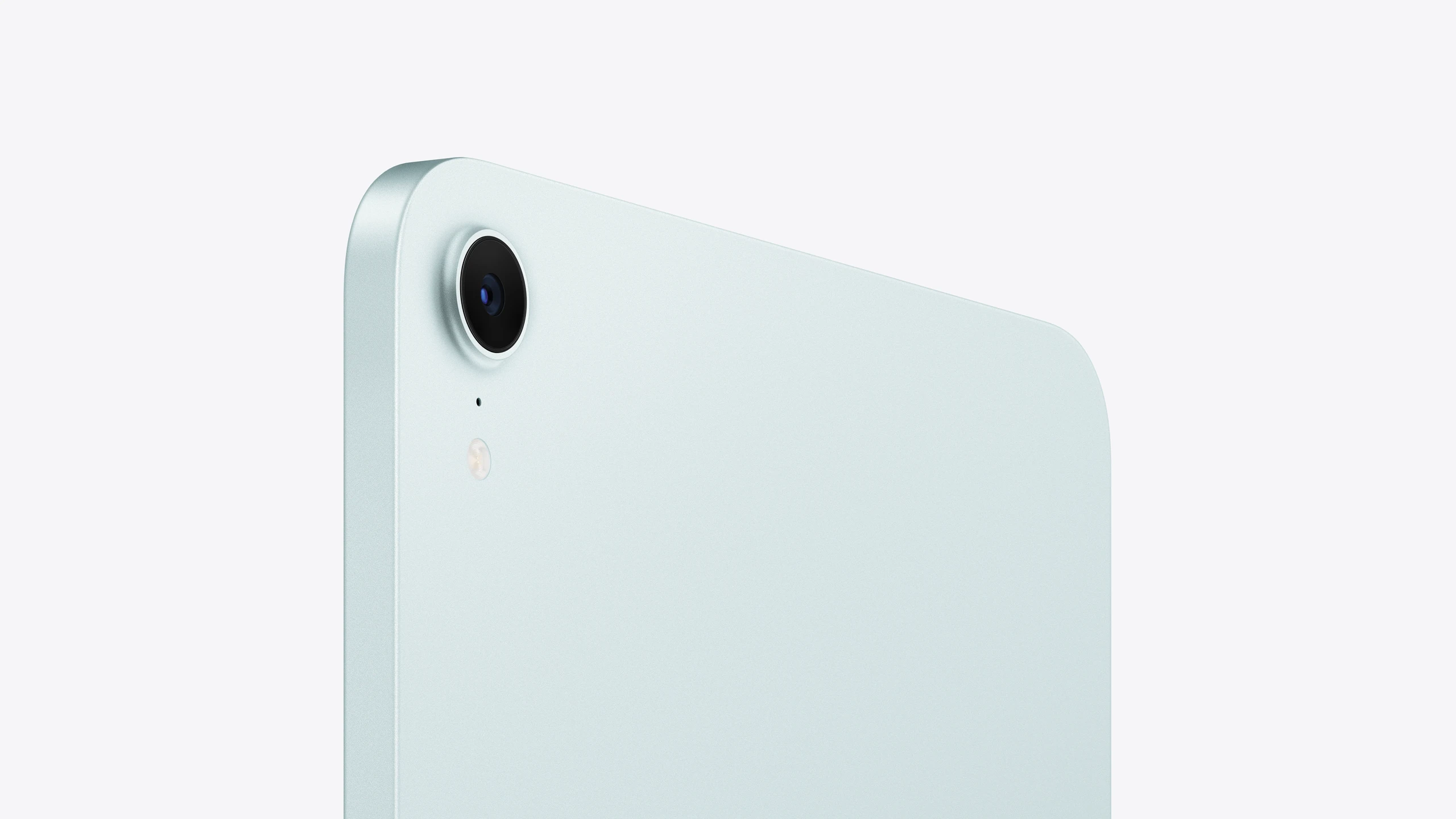 iPad mini, back exterior, Blue, single-lens camera, flash, rounded camera casing matches exterior, rounded corners