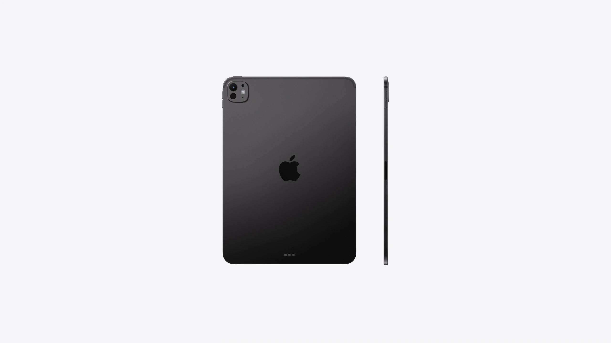 iPad Pro, back exterior, Space Black, Pro Camera System, Apple logo in the centre, iPad Pro, side exterior, thin design, colour matches back exterior