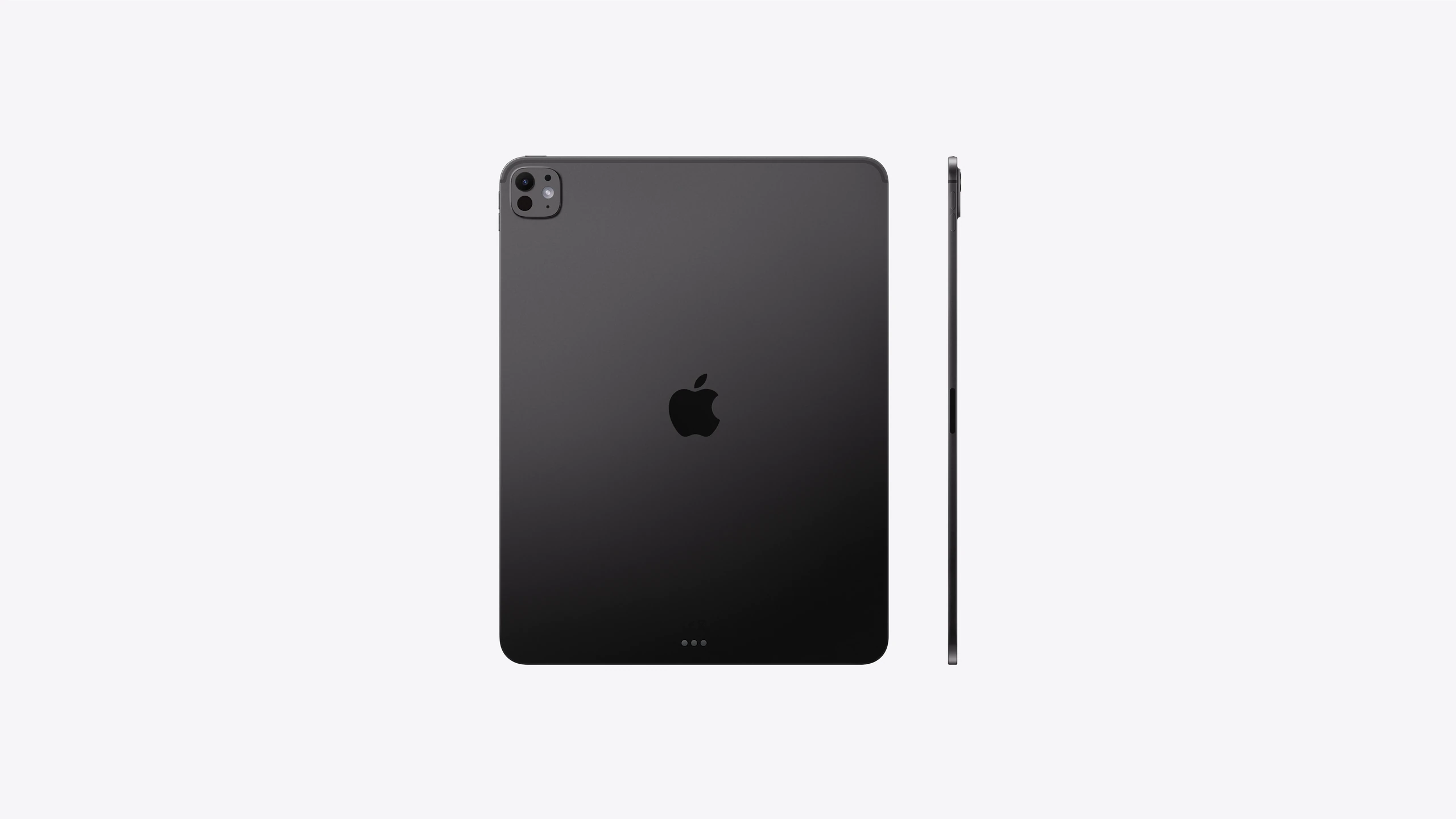 iPad Pro, back exterior, Space Black, Pro Camera System, Apple logo in the centre, iPad Pro, side exterior, thin design, colour matches back exterior