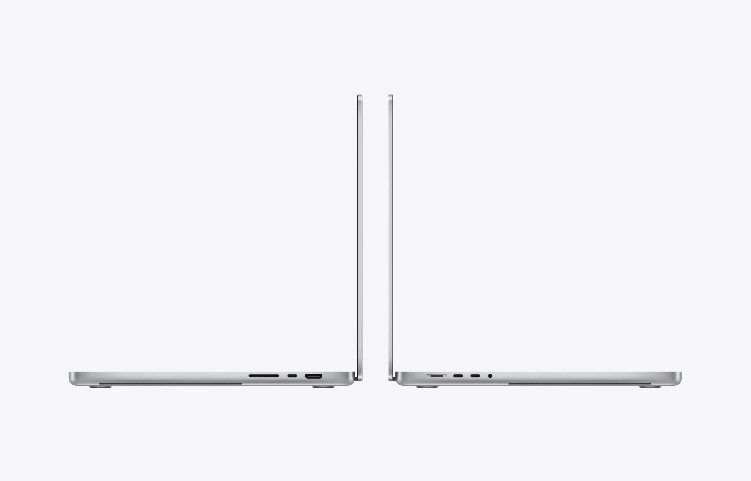 16-inch MacBook Pro laptops, side exteriors, open, silver colour, right-side ports: SDXC card slot, Thunderbolt 5, HDMI, left side ports: MagSafe 3, two Thunderbolt 5, headphone jack, thin profile, rounded raised feet