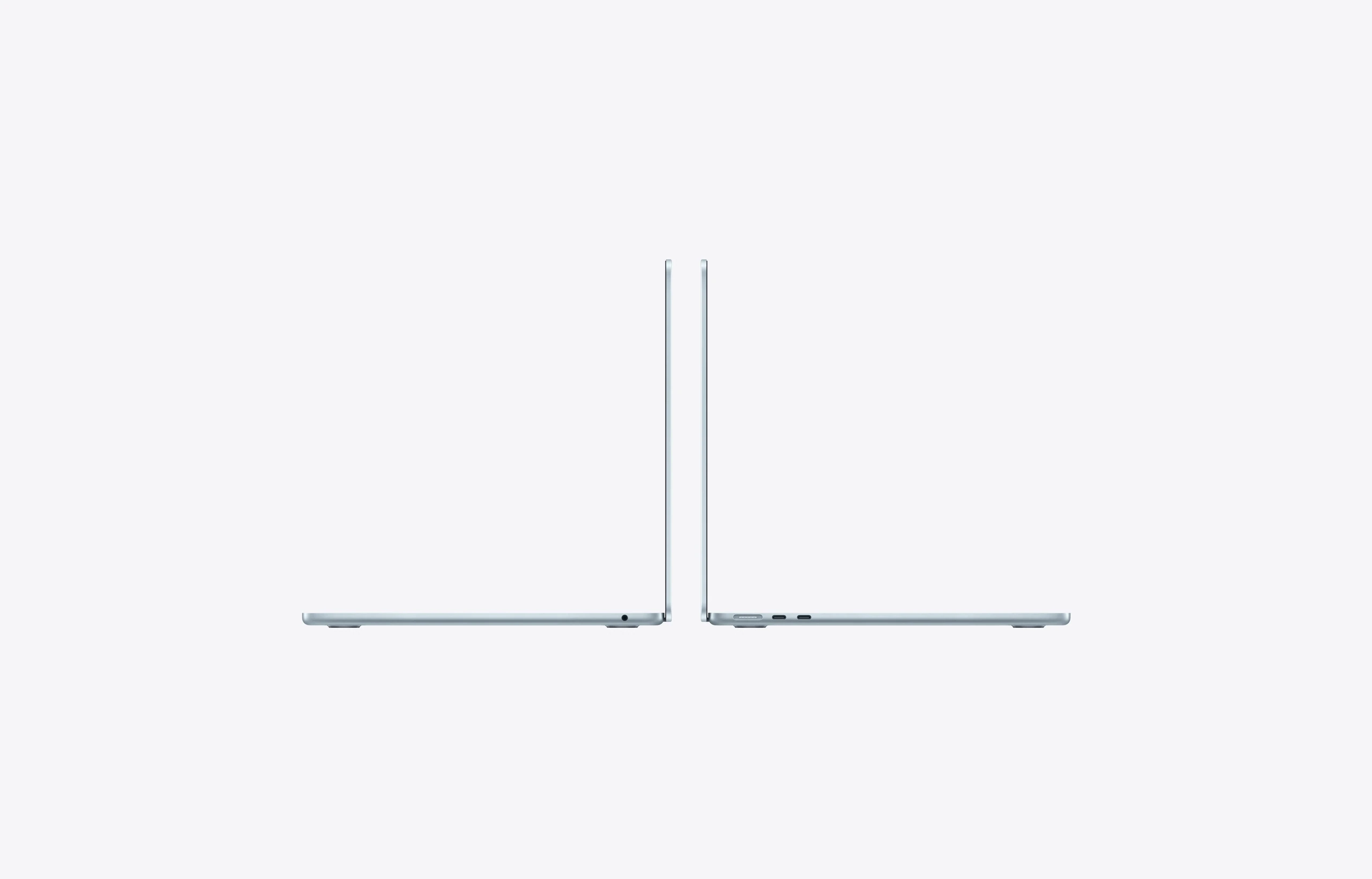 13-inch MacBook Air laptops, side exteriors, open, sky blue colour, thin profile, right side port: headphone jack, left-side ports: MagSafe 3, two Thunderbolt 4, rounded raised feet