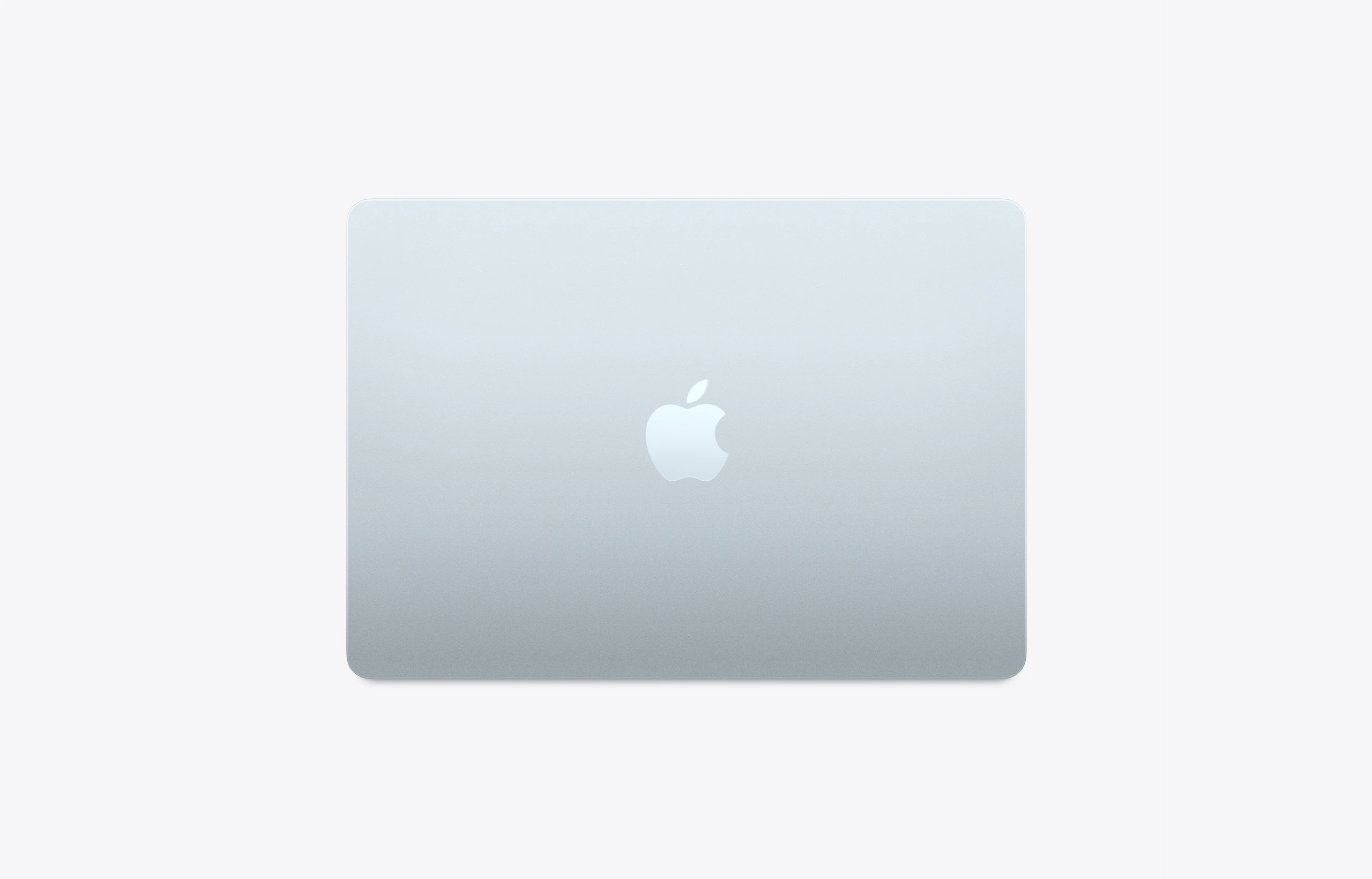 13-inch MacBook Air, top exterior, sky blue colour, rounded corners, centred lighter sky blue glossy Apple logo