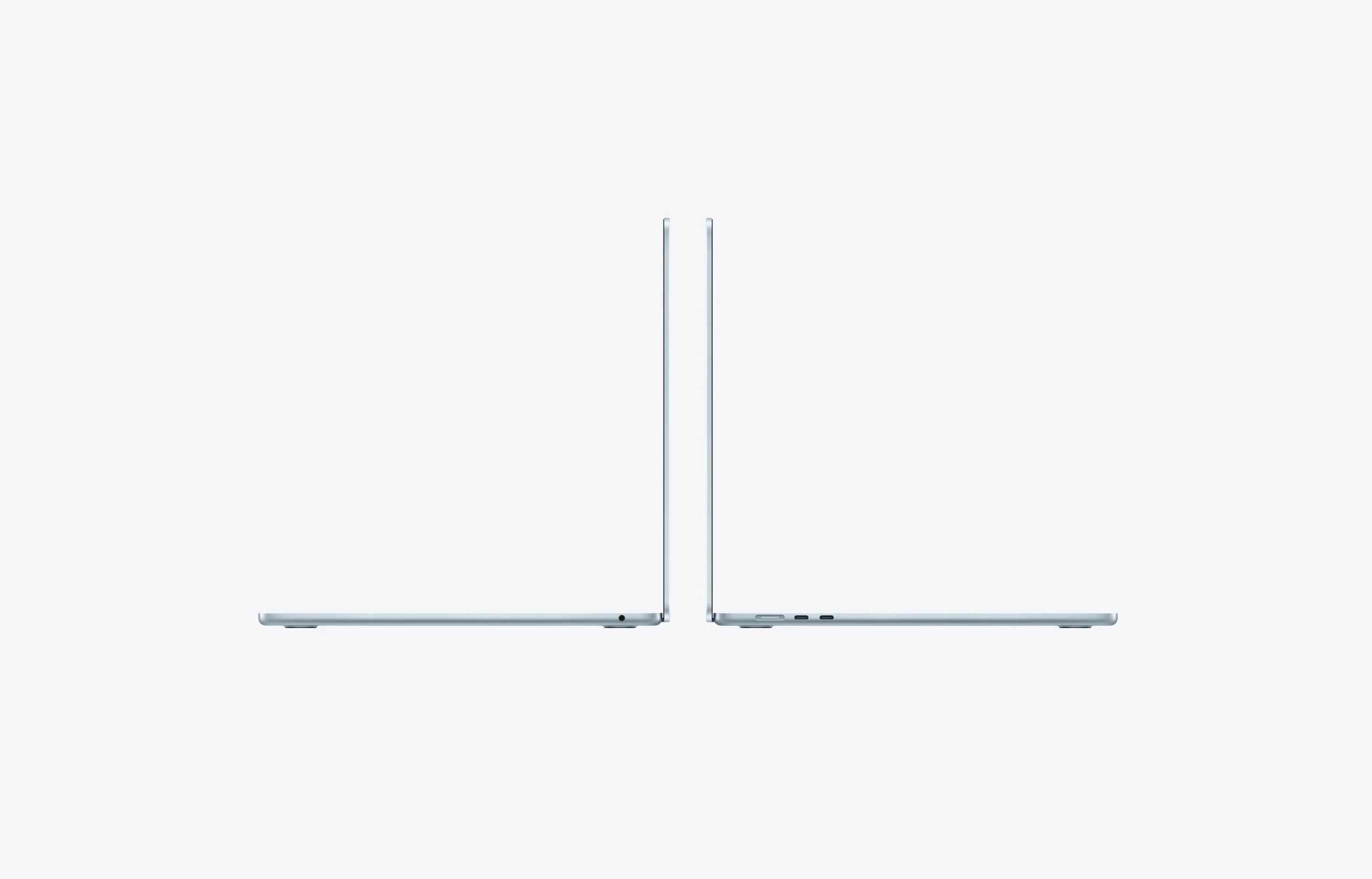 15-inch MacBook Air laptops, side exteriors, open, sky blue colour, thin profile, right-side port: headphone jack, left-side ports: MagSafe 3, two Thunderbolt 4, rounded raised feet