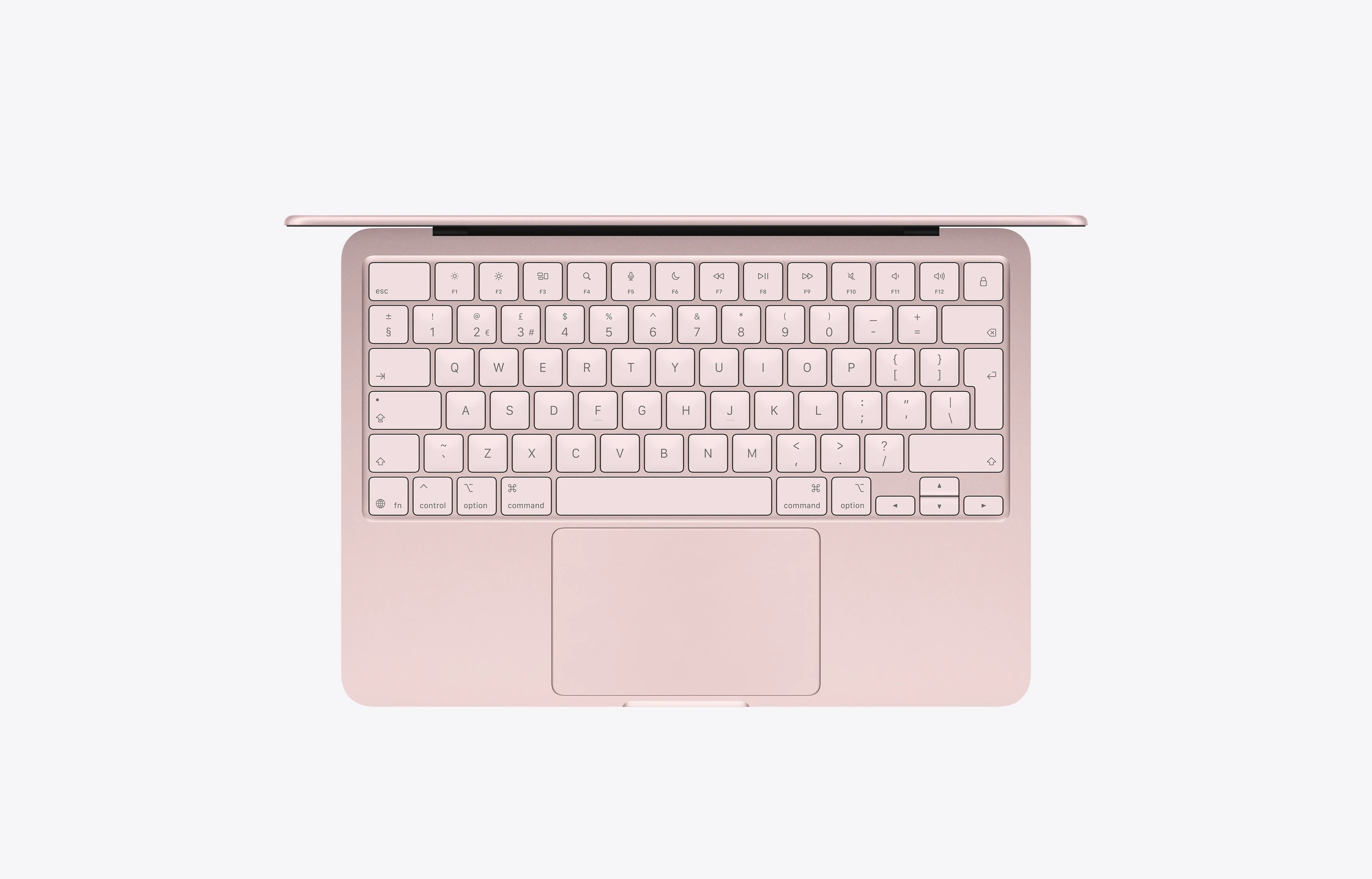 13-inch MacBook Neo laptop, interior, lid open, blush (light pink colour) enclosure, keyboard: blush (light pink colour) keys, full-height function key row, inverted-T arrow keys, Lock Key in top-right corner, trackpad centred below keyboard