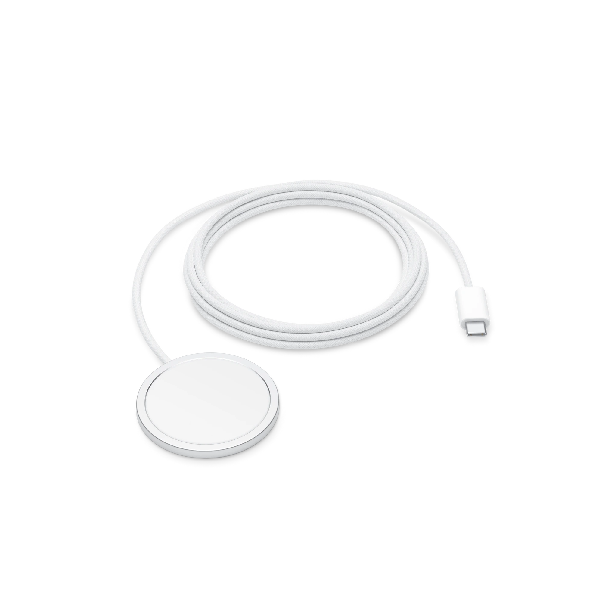 MagSafe Charger, coiled white woven cable, 2 meters, MagSafe circular connector, USB-C connector.