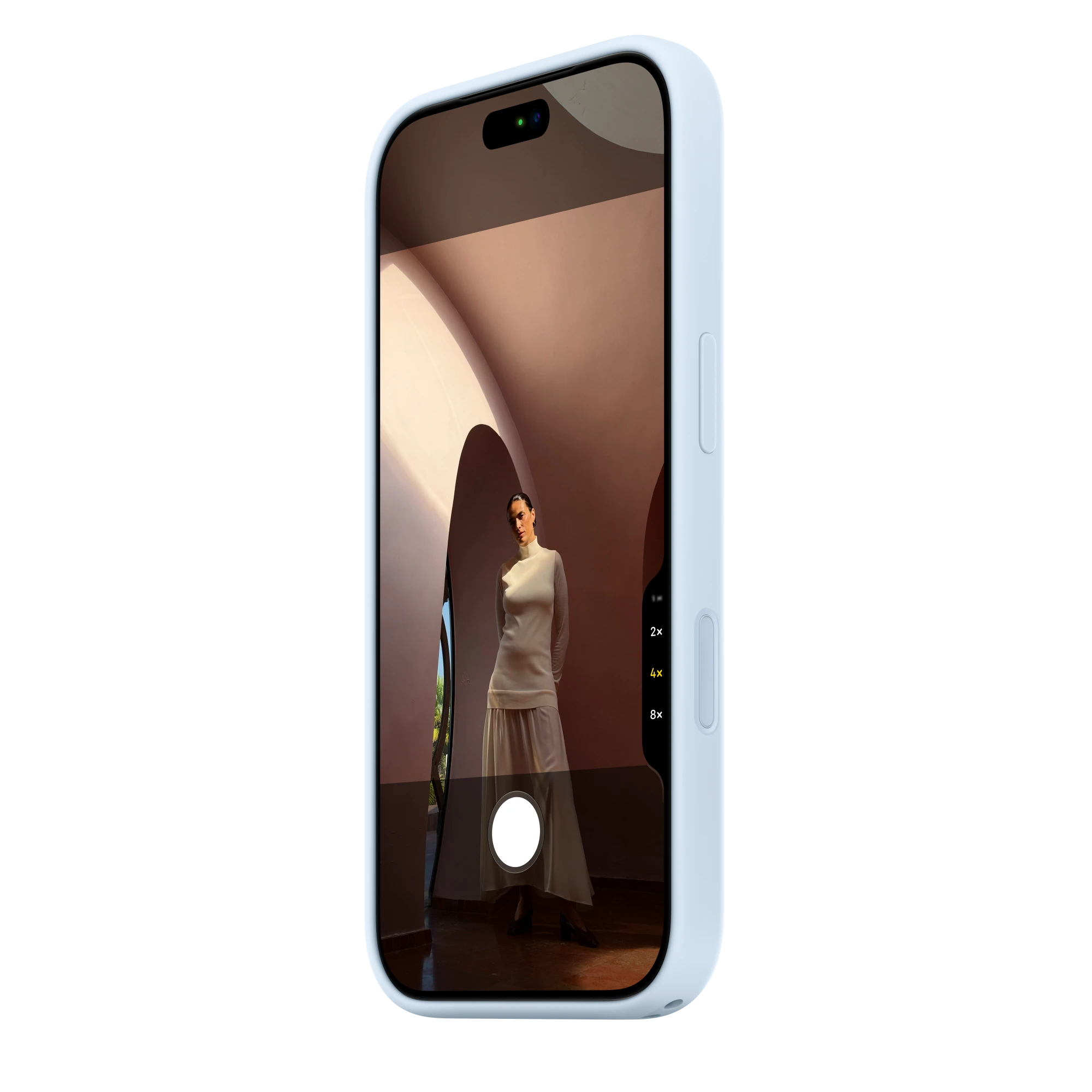 iPhone 18 Pro Silicone Case with MagSafe in crisp blue colour (light blue), side exterior, case covers all outer edges, raised silicone side button and flush Camera Control button, Camera app on screen, Camera Control button active