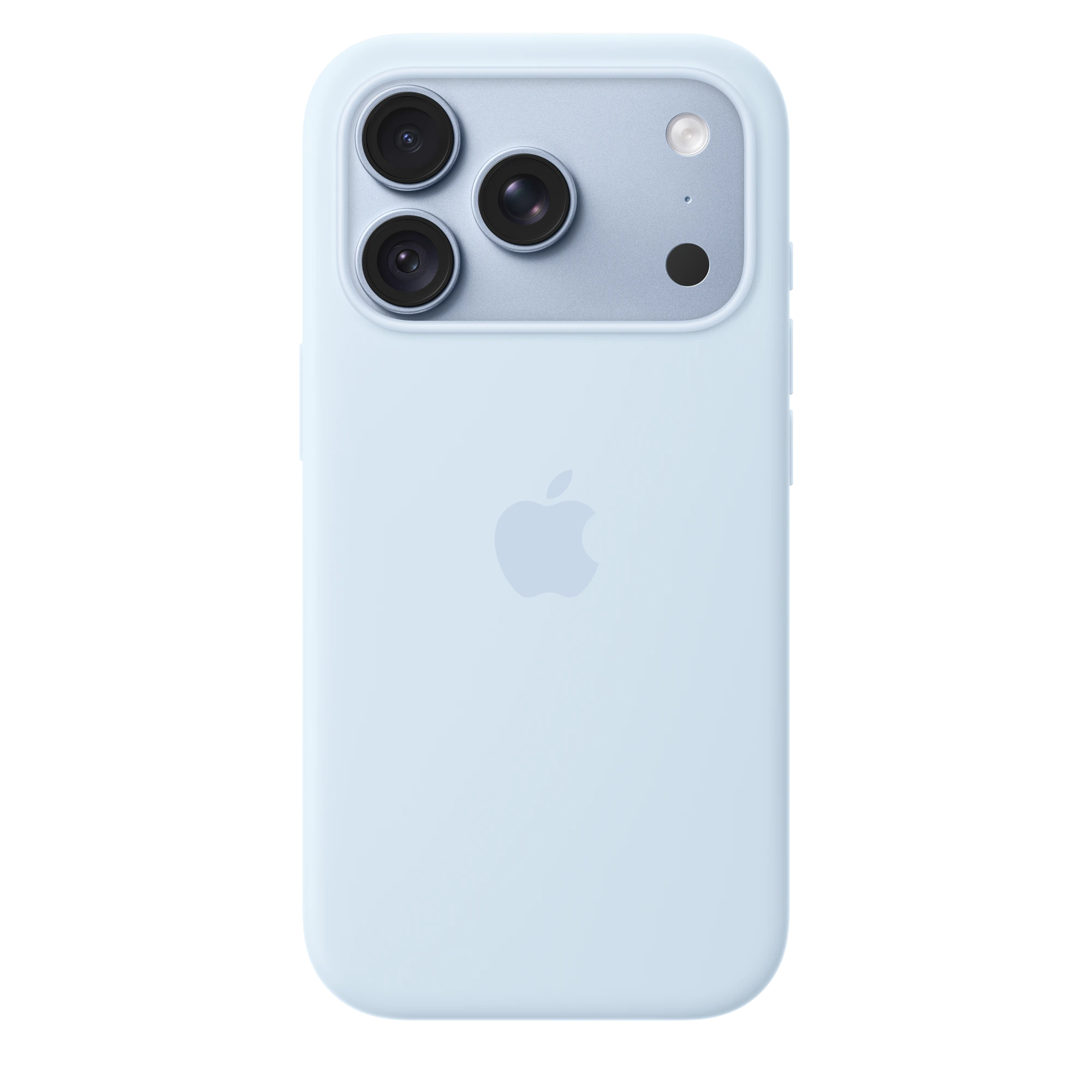 iPhone 18 Pro Silicone Case with MagSafe in crisp blue colour (light blue), back exterior, embedded Apple logo in centre, attached to iPhone 18 Pro in glacier colour (light blue), visible through camera cutout