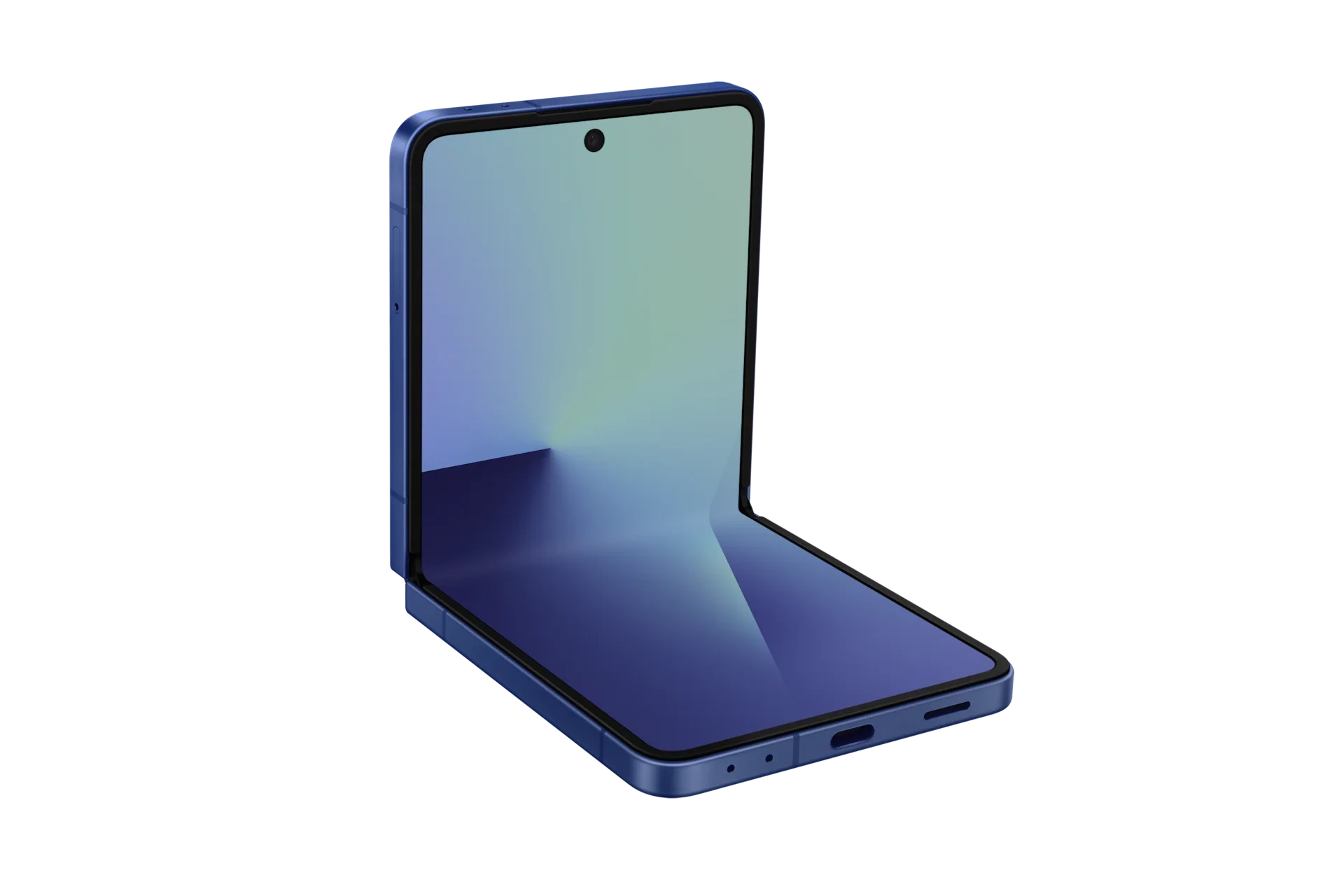 Z Flip7 in Blue Shadow, flex mode, angled.